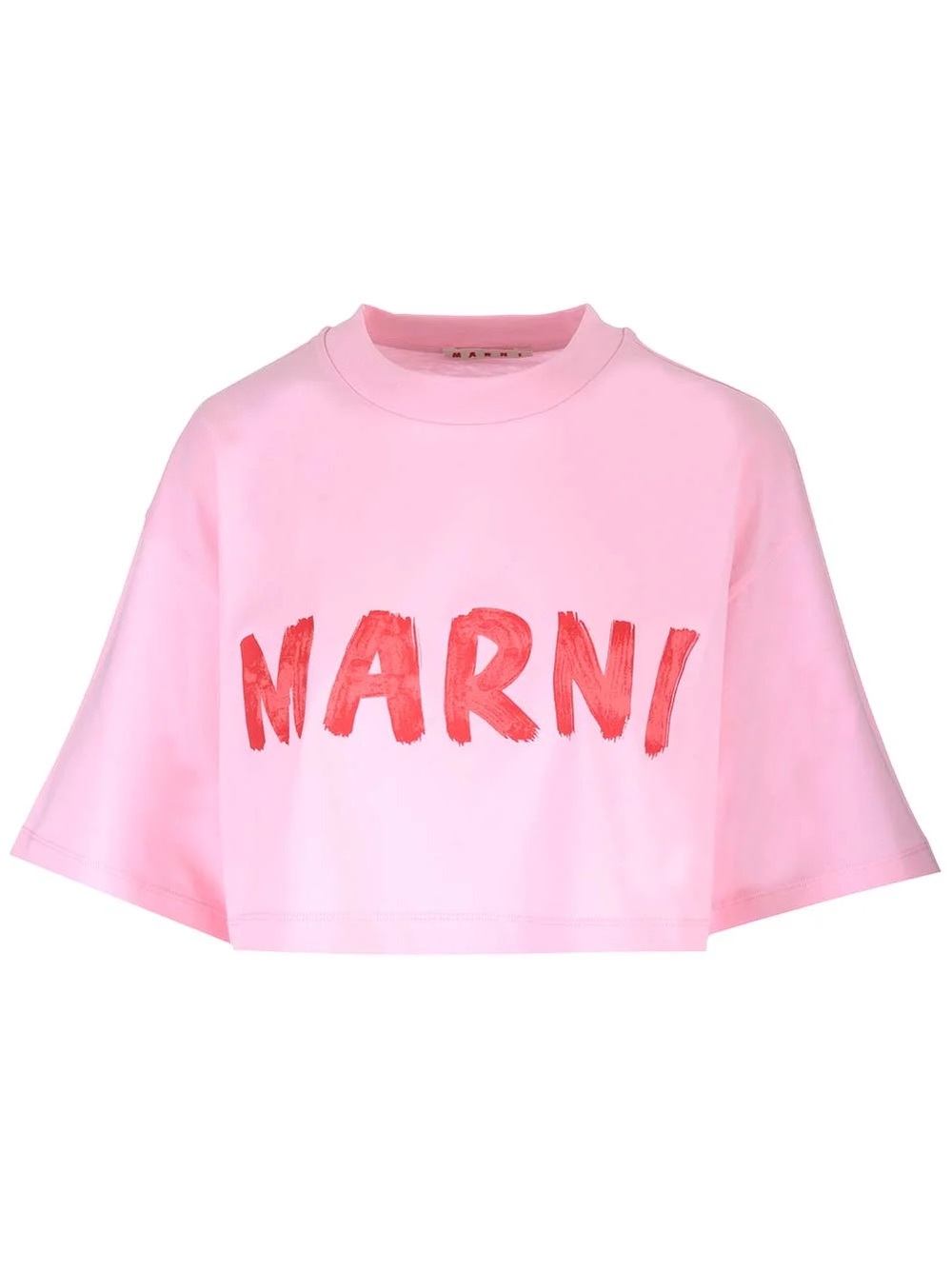 Marni Pink Cropped Logo Tee with Red Script